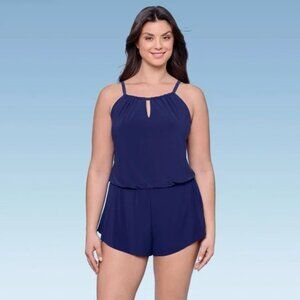 Aqua Green Standard Keyhole Blouson Romper Swimsuit Onepiece Navy Size Large